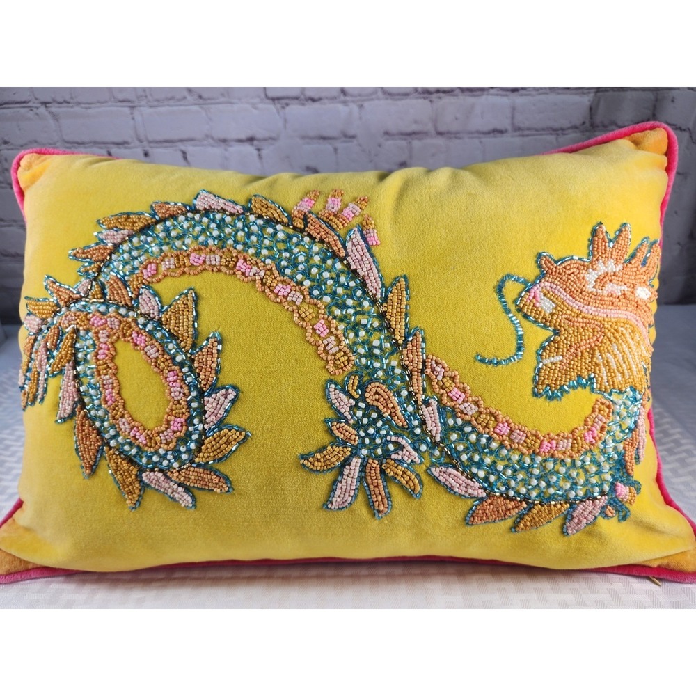SCHUMACHER Magical Ming Dragon Intricately Beaded Yellow Velvet Rectangle Pillow